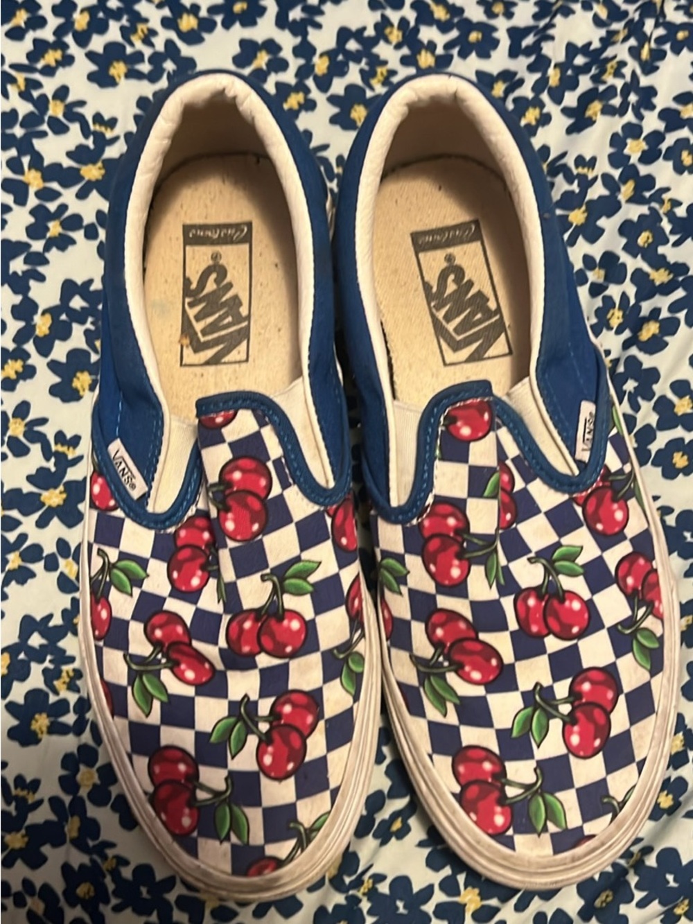 Vans Kids Slip-On Sneakers in Blue with Red Cherry Checkerboard